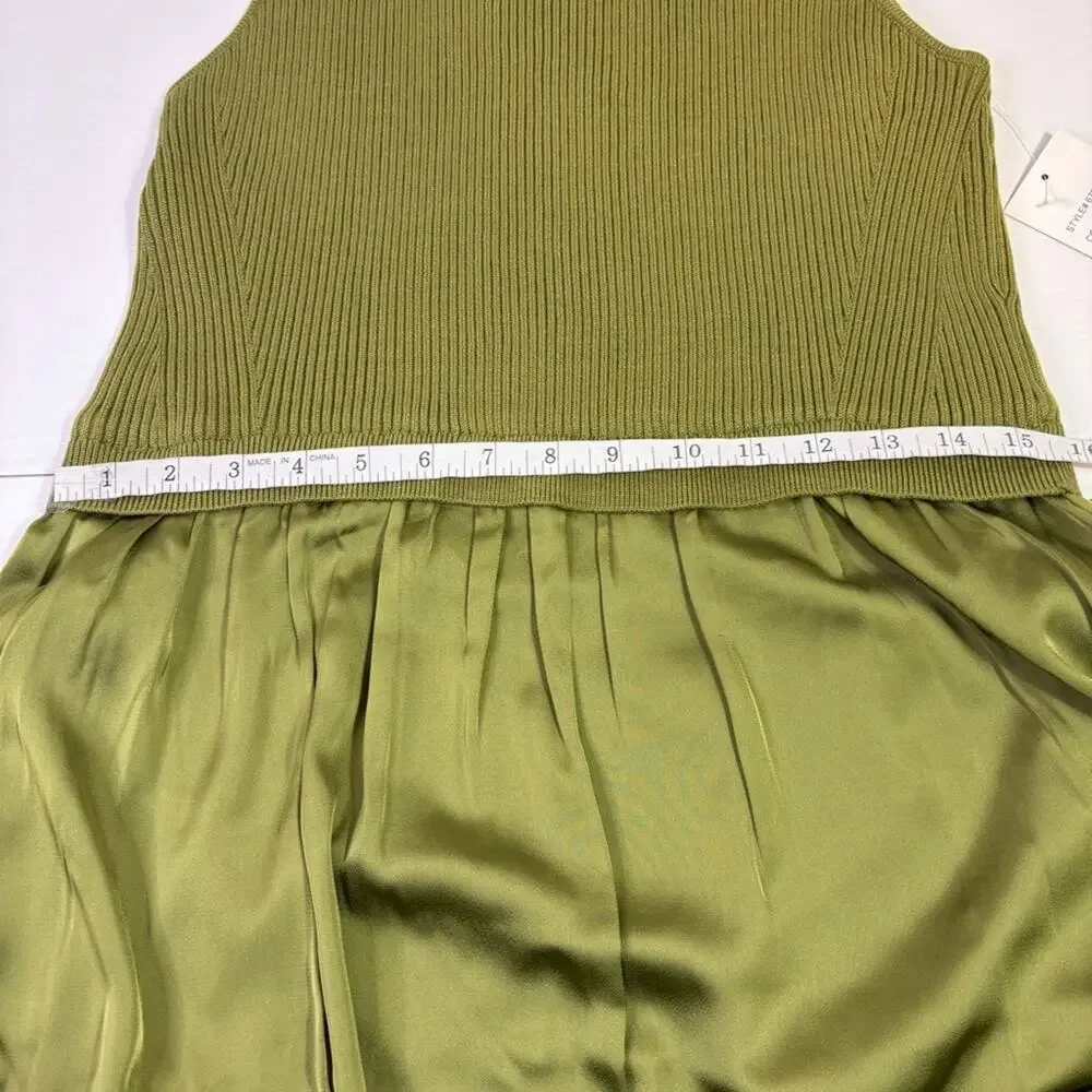 NWT TAYLOR Moss Green Mixed Media Satin Gown Ribbed Bodice & Pockets Size L 1272
